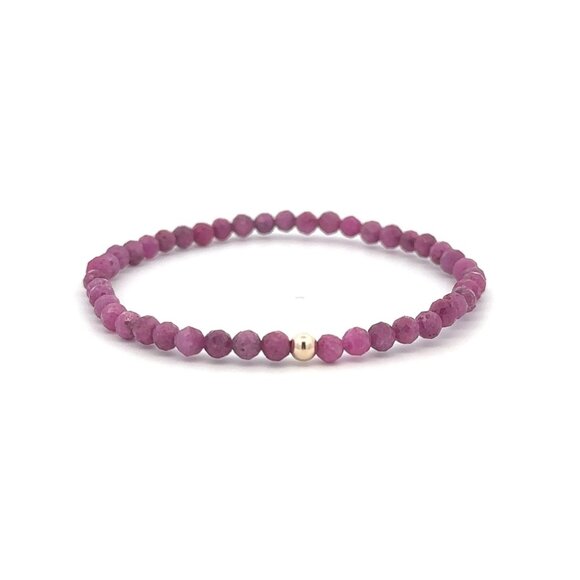 Ruby Micro Faceted Gemstone Beaded Stretch Bracelet with 14K Gold Accent Bead Ha - Picture 1 of 8